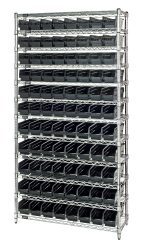 The Quantum Bin Wire Shelving System, measuring 36W x 24D x 74H with a chrome-plated finish, includes four posts and twelve shelves. It holds up to 800 lb. per shelf and comes with 88 QSB105 black bins, making it ideal for efficient organization of small items.