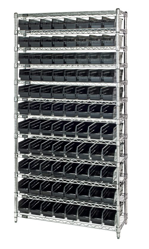 WR12-105_BK.jpg The Quantum Bin Wire Shelving System, measuring 36W x 24D x 74H with a chrome-plated finish, includes four posts and twelve shelves. It holds up to 800 lb. per shelf and comes with 88 QSB105 black bins, making it ideal for efficient organization of small items.