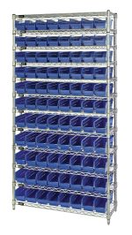 The Quantum Bin Wire Shelving System, measuring 36W x 24D x 74H, features eight tiers with 12 wire shelves and includes 88 QSB105 blue bins. Each shelf holds up to 800 lbs., and the open-front bins ensure easy access. The chrome plated, wheeled design allows for enhanced mobility and organization.