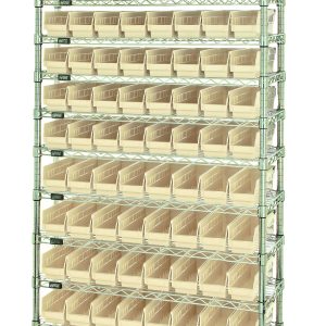 The Quantum Bin Wire Shelving System, measuring 36W x 24D x 74H, features a chrome-plated finish and offers an impressive 800 lb. capacity per shelf. It includes (12) wire shelves, (4) posts, and (88) QSB105 ivory bins for organized storage across ten tiers of uniformly sized compartments.