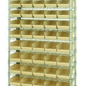 The Quantum Bin Wire Shelving System features a chrome-plated industrial design, measuring 36W x 24D x 74H. It includes (12) wire shelves, (4) posts, and a grid of (55) QSB106 ivory bins, offering a robust storage solution with an 800 lb. capacity per shelf.