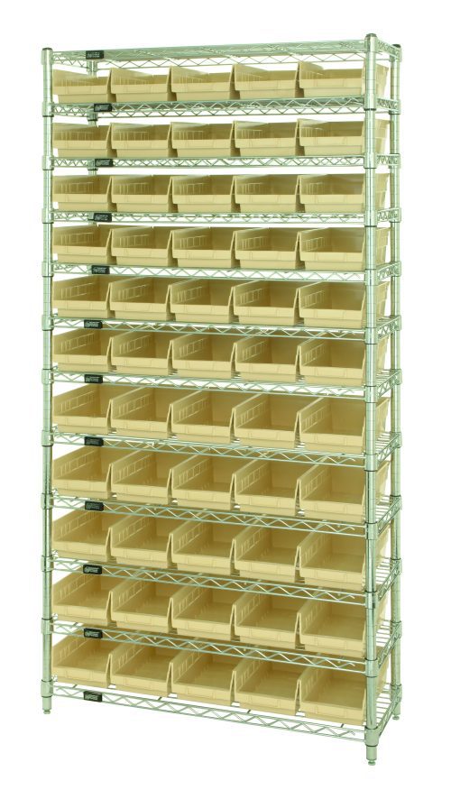 The Quantum Bin Wire Shelving System features a chrome-plated industrial design, measuring 36W x 24D x 74H. It includes (12) wire shelves, (4) posts, and a grid of (55) QSB106 ivory bins, offering a robust storage solution with an 800 lb. capacity per shelf.