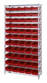 The Quantum Bin Wire Shelving System, measuring 36W x 24D x 74H, includes (12) wire shelves and (55) QSB106 red bins. It features a sturdy chrome-plated finish supported by (4) posts, with each shelf boasting an 800 lb. capacity for organized storage.