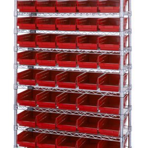 The Quantum Bin Wire Shelving System, measuring 36W x 24D x 74H, includes (12) wire shelves and (55) QSB106 red bins. It features a sturdy chrome-plated finish supported by (4) posts, with each shelf boasting an 800 lb. capacity for organized storage.