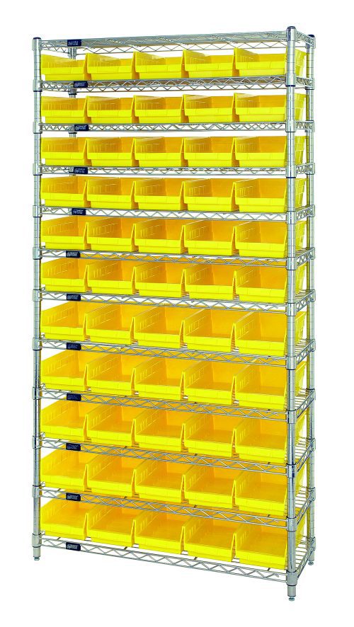The Quantum Bin Wire Shelving System, 36W X 24D X 74H, with a chrome finish and (12) shelves supported by (4) posts, holds an 800 lb. per shelf capacity and includes (55) QSB106 yellow bins, perfect for organizing small items in industrial or workshop environments.