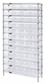 The Quantum Bin Wire Shelving System, measuring 36W x 12D x 74H, features 12 wire shelves with a robust 800 lb. capacity each. It includes four posts and holds 44 QSB107 clear bins, all in a chrome-plated finish.