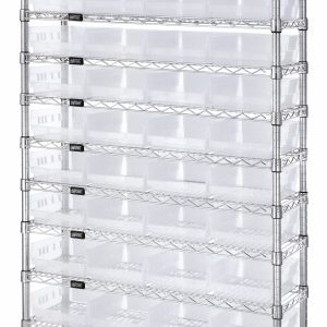 The Quantum Bin Wire Shelving System, measuring 36W x 12D x 74H, features 12 wire shelves with a robust 800 lb. capacity each. It includes four posts and holds 44 QSB107 clear bins, all in a chrome-plated finish.
