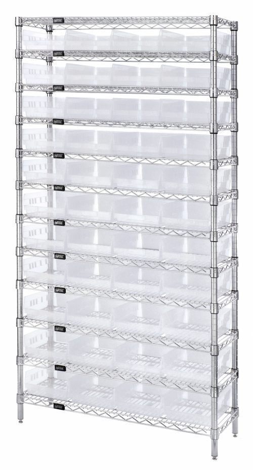 The Quantum Bin Wire Shelving System, measuring 36W x 12D x 74H, features 12 wire shelves with a robust 800 lb. capacity each. It includes four posts and holds 44 QSB107 clear bins, all in a chrome-plated finish.