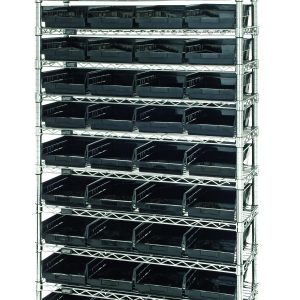 The Quantum Bin Wire Shelving System, conductive and chrome-plated, measures 36W x 12D x 74H. It includes 12 wire shelves, four posts, and 44 QSB107 bins in multiple colors. With an 800 lb capacity per shelf, its ideal for organized storage.