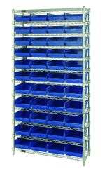 The Quantum Bin Wire Shelving System measures 36W x 12D x 74H, supports 800 lbs per shelf, and includes (12) wire shelves, (4) posts, and (44) QSB107 blue bins. It features a chrome-plated finish for easy organization and access.