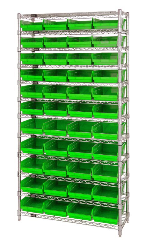 The Quantum Bin Wire Shelving System is a chrome-plated unit measuring 36W x 12D x 74H. It features 12 wire shelves, four posts, and includes 44 vibrant green QSB107 bins. Each shelf has an impressive capacity of 800 lbs., highlighting the systems organizational prowess.