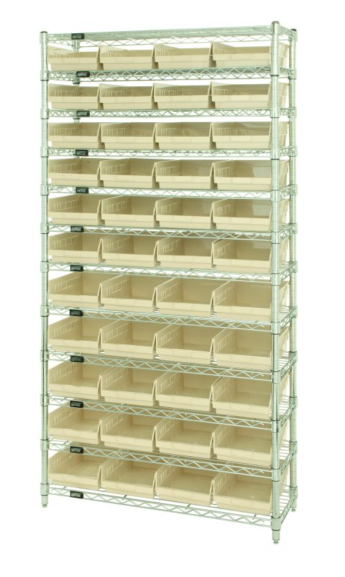 WR12-107_IV.jpg The Quantum Bin Wire Shelving System, sized 36W x 12D x 74H, includes 12 wire shelves & 44 QSB107 ivory bins. With an 800 lb capacity per shelf and chrome-plated finish, its perfect for organizing small items with clearly labeled bins for easy identification.