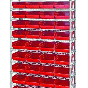 The Quantum Bin Wire Shelving System features 12 wire shelves and 44 QSB107 red bins, each shelf with an 800 lb. capacity. Measuring 36W x 12D x 74H, its industrial design includes four posts and a chrome-plated finish.