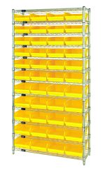 The Quantum Bin Wire Shelving System, sized 36W x 12D x 74H, with chrome finish includes 12 wire shelves and 44 QSB107 yellow bins. Each shelf has an 800 lb. capacity for a structured and organized look.