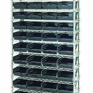 The Quantum Bin Wire Shelving System measures 36W x 18D x 74H, with an 800 lb. capacity per shelf. It features a chrome-plated finish, includes 12 wire shelves, 4 posts, and holds 44 Qsb108 black bins for organized storage.