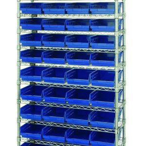 The Quantum Bin Wire Shelving System, measuring 36W x 18D x 74H, includes (12) wire shelves with an 800 lb capacity each. It features (44) QSB108 blue bins for optimal storage and organization efficiency and comes with (4) posts in a chrome-plated finish.
