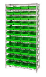 The Quantum Bin Wire Shelving System measures 36W x 18D x 74H and features a chrome-plated finish. It has an 800 lb. capacity per shelf, includes 12 wire shelves, and comes with 44 QSB108 green bins and four posts for organized storage.