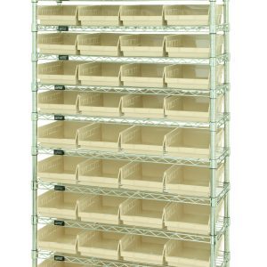 The Quantum Bin Wire Shelving System (36W x 18D x 74H) features 12 wire shelves and is supported by 4 posts with a capacity of 800 lbs per shelf. It includes a chrome-plated finish and comes with 44 ivory QSB108 bins, neatly arranged and evenly spaced on the shelves.