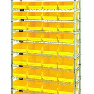 The Quantum Bin Wire Shelving System, chrome-plated and 36W x 18D x 74H, includes four posts supporting twelve wire shelves. Each shelf has an 800 lb. capacity and holds three yellow QSB108 bins, totaling ten levels against a crisp white backdrop.