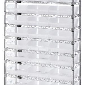 The Quantum Bin Wire Shelving System is a 36W x 12D x 74H unit with durable chrome-plated metal, featuring a grid pattern for stability. It includes 12 wire shelves, 4 posts, and 33 clear Qsb109 bins for convenient storage solutions. Each shelf supports up to 800 lbs.