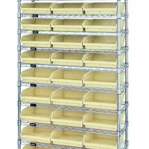 The Quantum Bin Wire Shelving System offers a chrome-plated, sleek metal design with 12 wire shelves and 33 ivory bins. Its overall size is 36W x 12D x 74H, boasting an impressive capacity of 800 lbs per shelf, ensuring organized storage with perfectly spaced grid-patterned bins.