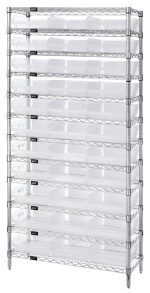 The Quantum Bin Wire Shelving System features 33 QSB1109 clear bins and 12 wire shelves in a 36W x 18D x 74H design, allowing organized storage with an industrial aesthetic. Each shelf has an impressive 800 lb. capacity, and the unit includes four posts, all with a chrome-plated finish.