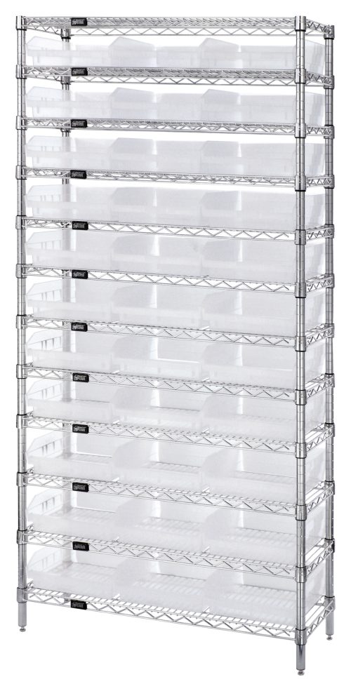 The Quantum Bin Wire Shelving System features 33 QSB1109 clear bins and 12 wire shelves in a 36W x 18D x 74H design, allowing organized storage with an industrial aesthetic. Each shelf has an impressive 800 lb. capacity, and the unit includes four posts, all with a chrome-plated finish.