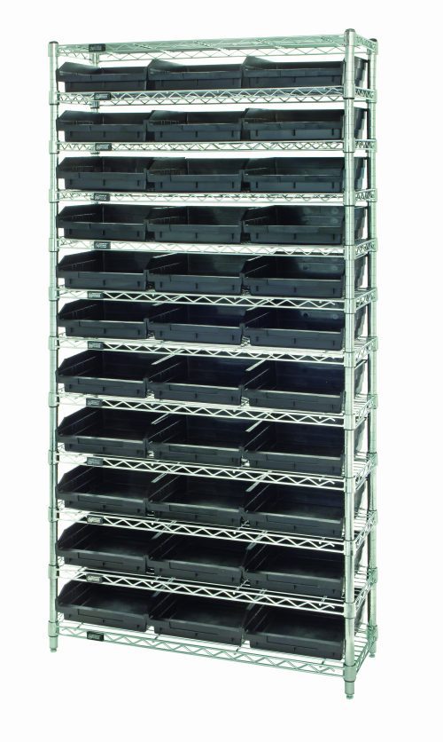 The Quantum Bin Wire Shelving System offers 12 chrome-plated wire shelves and four posts, accommodating 33 QSB1109 black bins. With its dimensions of 36W x 18D x 74H and an impressive capacity of 800 lbs per shelf, it is ideal for compact organization and efficient storage solutions.
