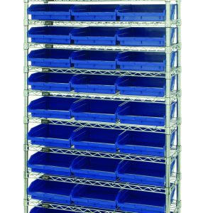 The Quantum Bin Wire Shelving System, measuring 36W x 18D x 74H with four posts and a chrome finish, includes 12 wire shelves and 33 QSB1109 blue bins. It offers a sturdy grid pattern for efficient storage, with an 800 lb. capacity per shelf.