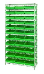 The Quantum Bin Wire Shelving System, 36W x 18D x 74H, includes four posts and twelve wire shelves that hold thirty-three QSB1109 green bins. The chrome-plated frame features a stylish grid pattern and supports up to 800 lbs per shelf for organized storage.