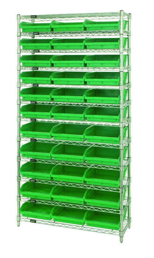 The Quantum Bin Wire Shelving System, 36W x 18D x 74H, includes four posts and twelve wire shelves that hold thirty-three QSB1109 green bins. The chrome-plated frame features a stylish grid pattern and supports up to 800 lbs per shelf for organized storage.