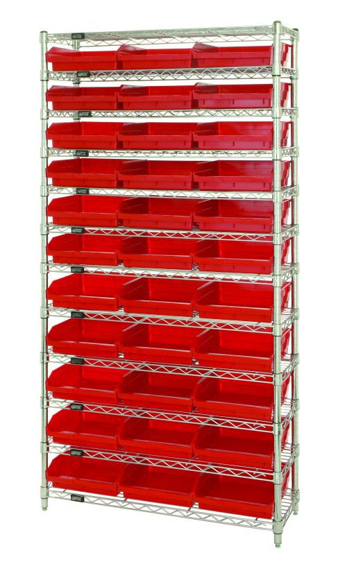 The Quantum Bin Wire Shelving System, measuring 36W x 18D x 74H, supports 800 lbs per shelf, includes (12) wire shelves and (4) posts, and holds (33) QSB1109 red bins. It features a chrome-plated finish against a white backdrop.
