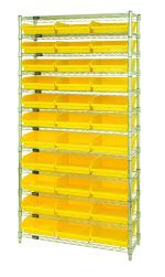 The Quantum Bin Wire Shelving System, measuring 36W x 18D x 74H, supports up to 800 lbs per shelf and includes (12) wire shelves, (4) posts, and (33) yellow Qsb1109 bins in a chrome-plated finish for easy identification.