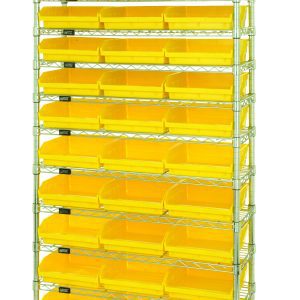 The Quantum Bin Wire Shelving System, measuring 36W x 18D x 74H, supports up to 800 lbs per shelf and includes (12) wire shelves, (4) posts, and (33) yellow Qsb1109 bins in a chrome-plated finish for easy identification.