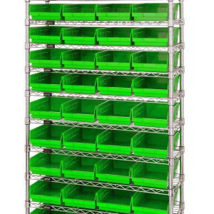 The Quantum Bin Wire Shelving System, with a compact 36W x 24D x 74H size and chrome finish, features 12 wire shelves and includes 44 QSB114 green bins. Each shelf can support up to 800 lbs, allowing for organized storage.