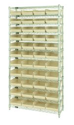 The Quantum Bin Wire Shelving System, measuring 36W x 24D x 74H, boasts 12 wire shelves supported by 4 posts, each shelf holding up to 800 lbs. It includes a chrome-plated finish and comes with 44 ivory Qsb114 bins for neat organization.