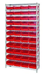 The Quantum Bin Wire Shelving System, measuring 36W x 24D x 74H, includes 12 wire shelves, four posts, and comes with 44 QSB114 red bins. It features a chrome-plated finish and supports up to 800 lbs per shelf.