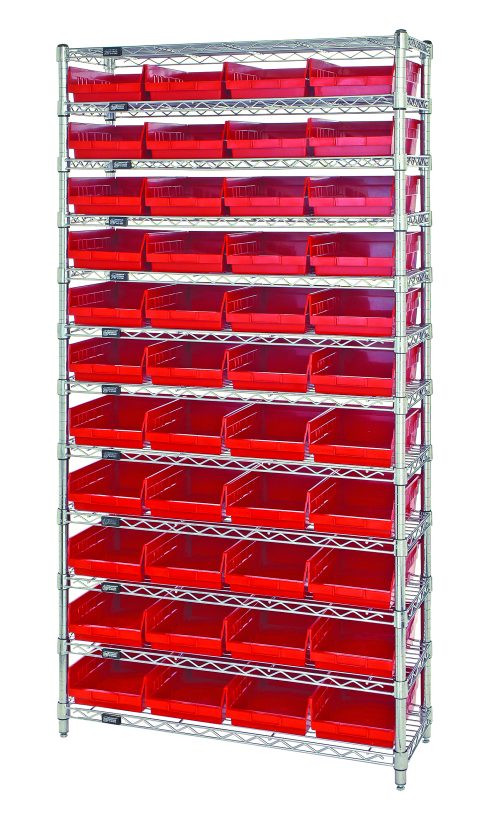 WR12-114_RD.jpg The Quantum Bin Wire Shelving System, measuring 36W x 24D x 74H, includes 12 wire shelves, four posts, and comes with 44 QSB114 red bins. It features a chrome-plated finish and supports up to 800 lbs per shelf.