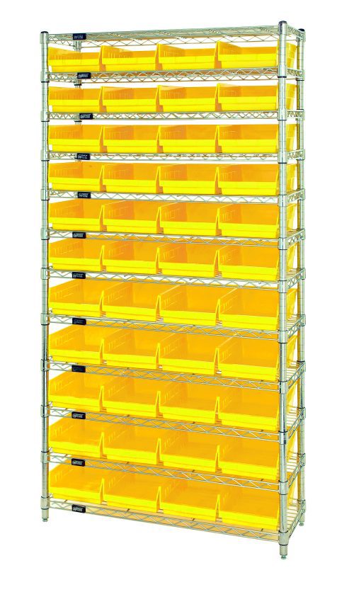 WR12-114_YL.jpg The Quantum Bin Wire Shelving System has a 36W x 24D x 74H size, featuring a chrome finish with 12 wire shelves, each holding up to 800 lbs. It also includes four posts and forty-four QSB114 yellow bins for organized access.