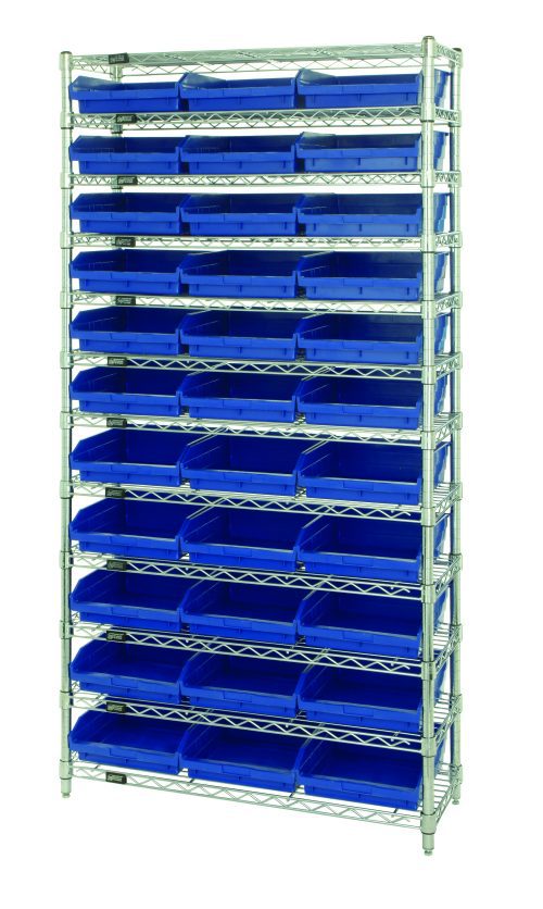 The Quantum Bin Wire Shelving System measures 36W x 24D x 74H, with a chrome finish. It contains twelve wire shelves and can hold up to 800 lb. per shelf. The system includes thirty-three QSB116 blue bins for an organized look, set against a crisp white background.