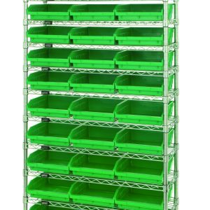 A tall shelving unit, the Quantum Bin Wire Shelving System, measures 36W x 24D x 74H, holds 33 green bins in six rows and features a simple open frame. Each bin is front accessible, with twelve wire shelves supporting up to 800 lbs each. Chrome plated finish included.