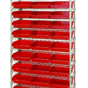 The Quantum Bin Wire Shelving System, measuring 36W x 24D x 74H, with a chrome finish and four sturdy posts, supports eight tiers. Each holds three QSB116 red bins for organized storage. Total capacity is 800 lbs per shelf and includes (12) wire shelves and (33) QSB116 red bins.