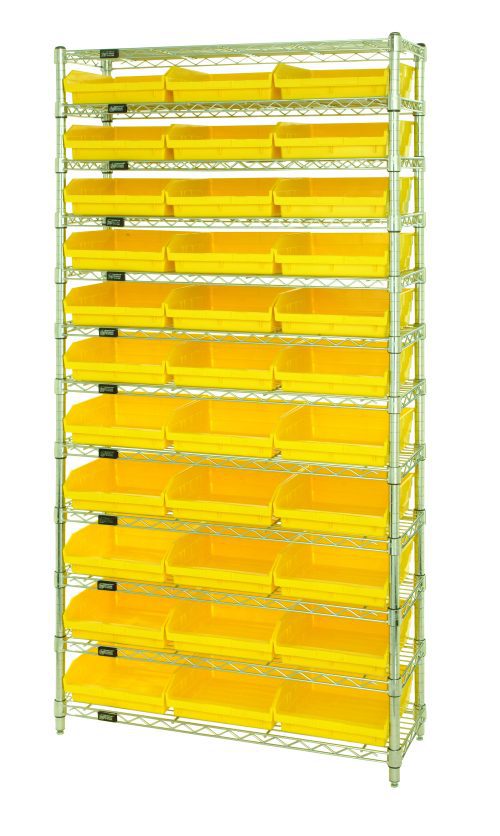 The Quantum Bin Wire Shelving System is a 36W x 24D x 74H metal unit with a chrome-plated wireframe and an industrial design. It holds up to 800 lbs per shelf, includes (12) wire shelves, (4) posts, and comes with (33) QSB116 bright yellow bins.