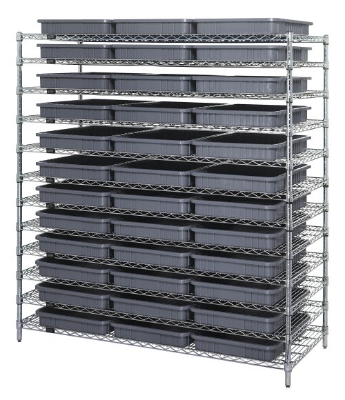 The Quantum Bin Wire Shelving System has a chrome-plated finish, measures 60L x 24D x 63H, supports 800 lbs per shelf, and includes 12 shelves and 36 DG93030 gray containers. Its shipped KD for easy assembly.