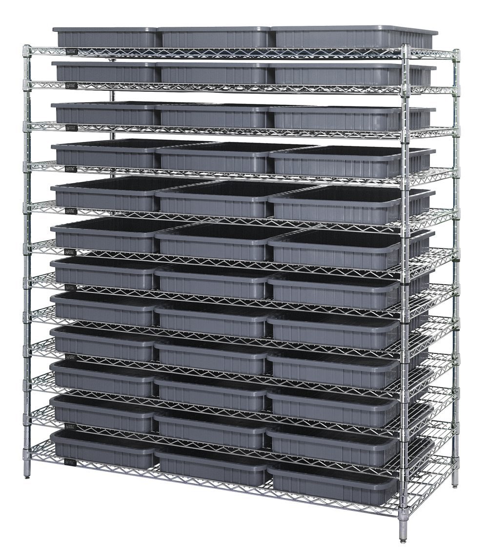 Chrome wire shelving unit loaded with gray dividable grid containers on five levels
