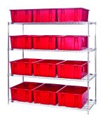 The Quantum Bin Wire Shelving System measures 66L x 24D x 63H, with a load capacity of 800 lbs per shelf. It features a chrome-plated finish, includes four shelves and twelve Snt225 red containers, and is shipped KD. The sleek unit offers tidy storage on its silver wireframe against a white backdrop.
