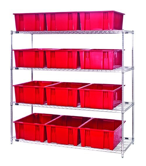The Quantum Bin Wire Shelving System measures 66L x 24D x 63H, with a load capacity of 800 lbs per shelf. It features a chrome-plated finish, includes four shelves and twelve Snt225 red containers, and is shipped KD. The sleek unit offers tidy storage on its silver wireframe against a white backdrop.