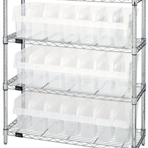 Introducing the Quantum Bin Wire Shelving Center with a chrome-plated finish, featuring four sturdy shelves, each with an 800 lbs capacity. It includes 21 clear Qsb801 bins, perfect for organization against a plain white background. Dimensions: 12D X 36W X 39H and shipped knocked down.