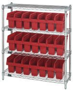 The Quantum Bin Wire Shelving Center is a chrome-plated, metal unit with four levels and 21 red Qsb801 bins. It measures 12D x 36W x 39H, has an 800 lbs capacity per shelf, and ships KD for easy assembly—perfect for organizing your space with its industrial design.