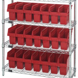 The Quantum Bin Wire Shelving Center is a chrome-plated, metal unit with four levels and 21 red Qsb801 bins. It measures 12D x 36W x 39H, has an 800 lbs capacity per shelf, and ships KD for easy assembly—perfect for organizing your space with its industrial design.